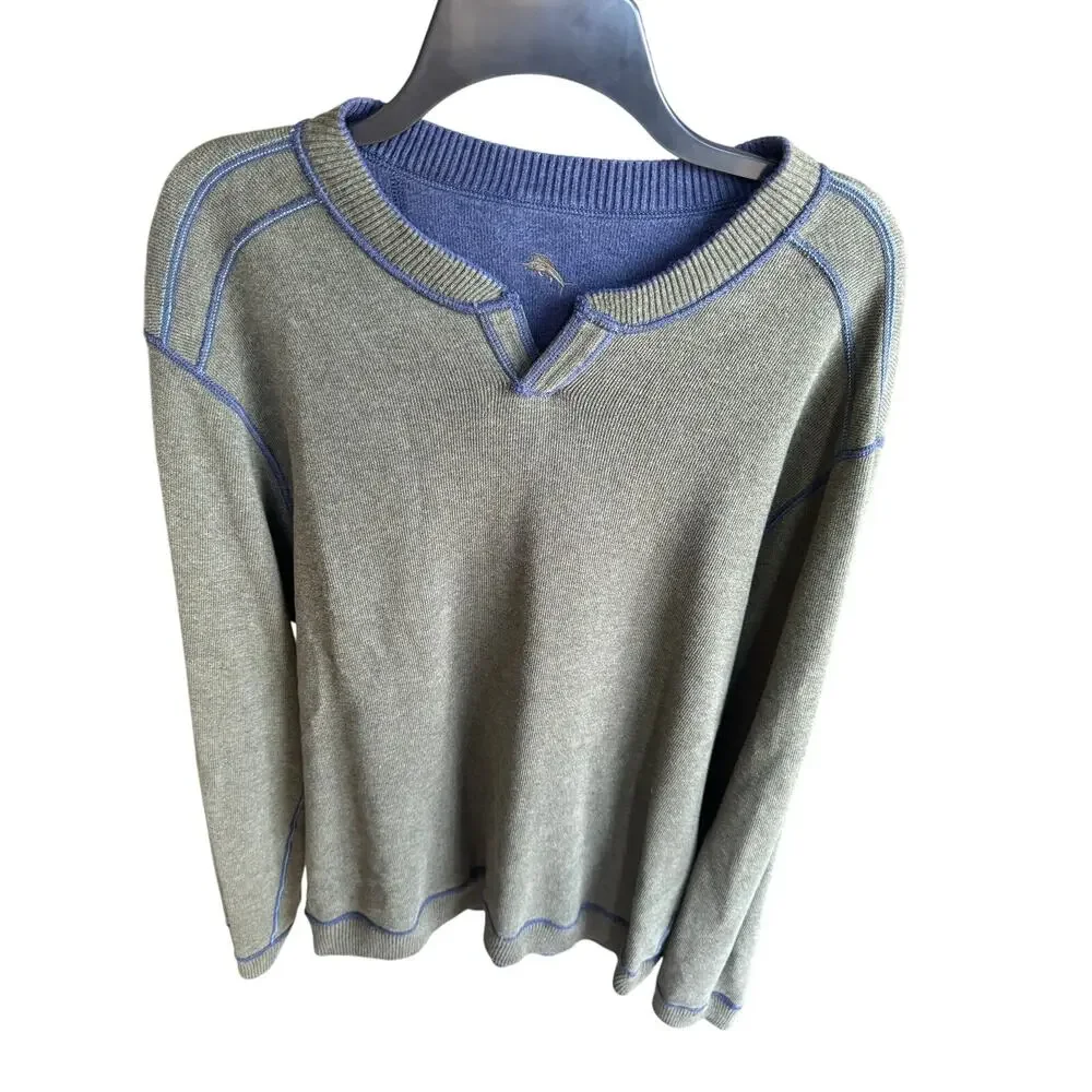 Tommy Bahama Men’s Large Reversible Sweater Olive Blue Crew Neck Pullover Knit
